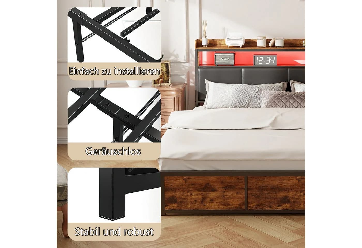 zebery Stauraumbett Polsterbett 140x200 cm mit LED & 4 Schubladen - Bild 4
