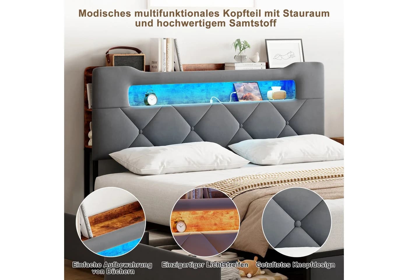 zebery Stauraumbett Polsterbett Grau mit LED und USB - Bild 3