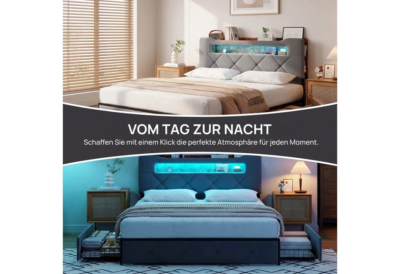 zebery Stauraumbett Polsterbett Grau mit LED und USB - Bild 4