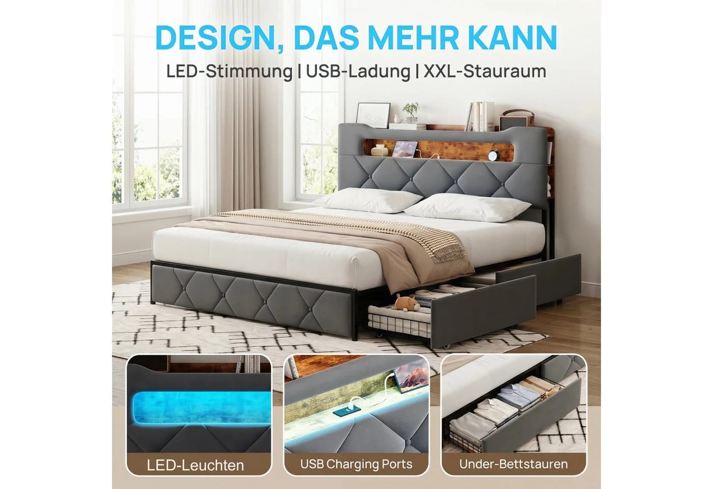 zebery Stauraumbett Polsterbett Grau mit LED und USB - Bild 5