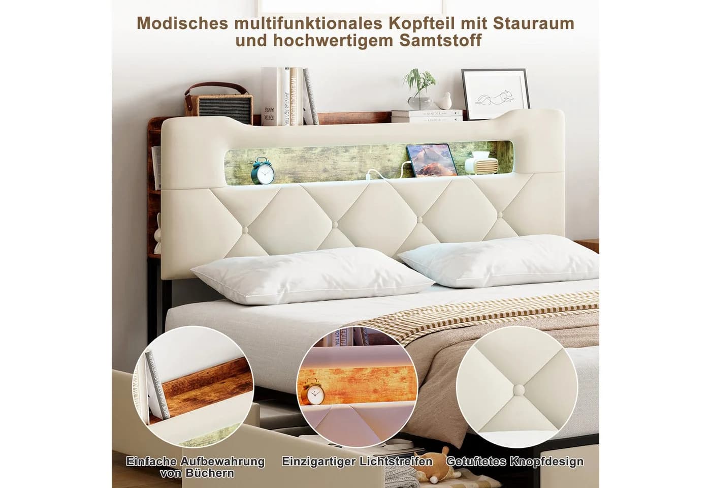 zebery Stauraumbett Polsterbett Beige mit LED und USB - Bild 3