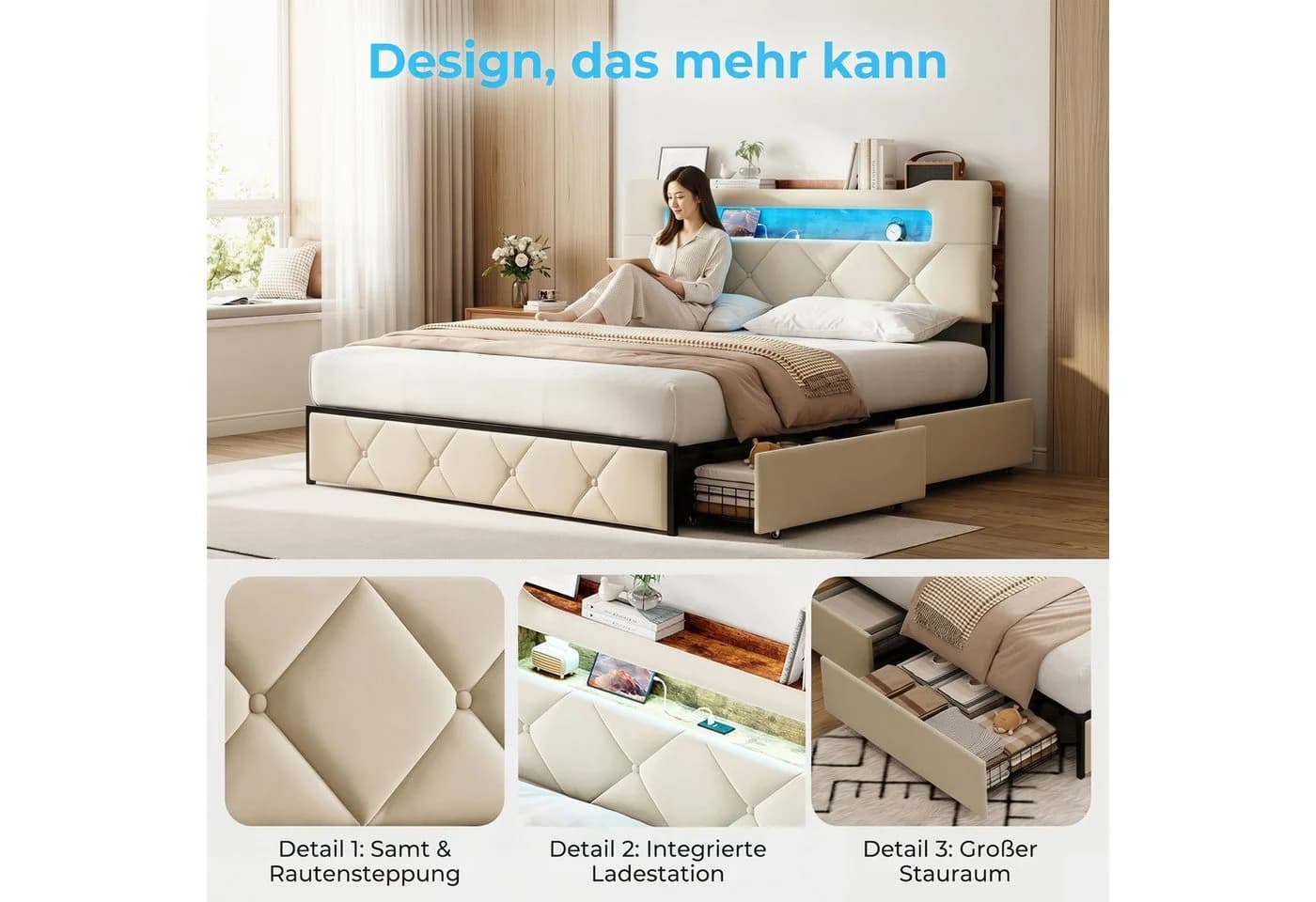 zebery Stauraumbett Polsterbett Beige mit LED und USB - Bild 5