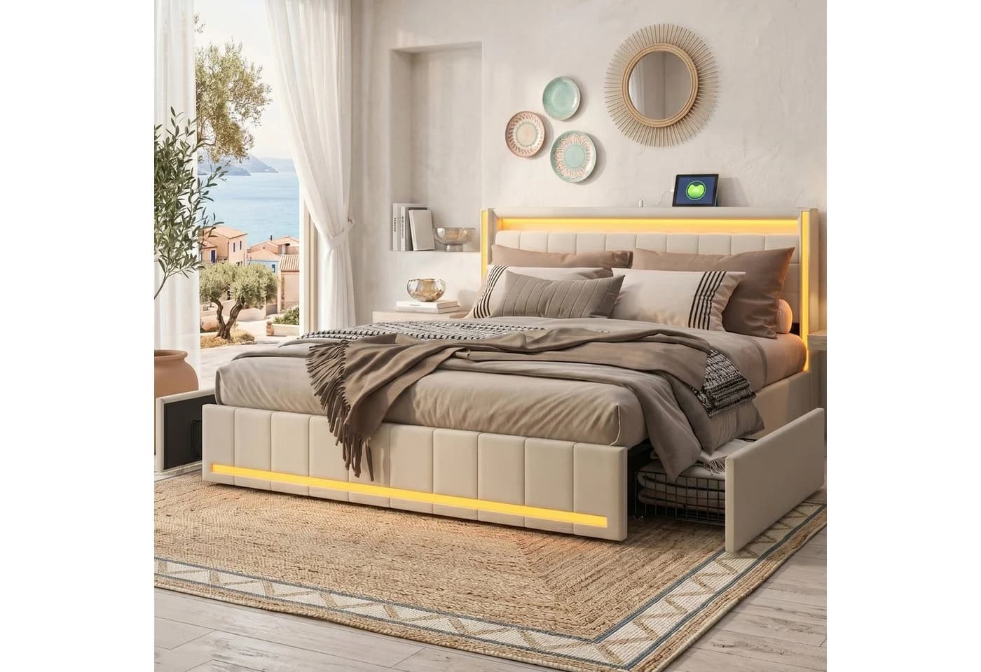 zebery Stauraumbett Polsterbett Beige mit LED & USB - Bild 2