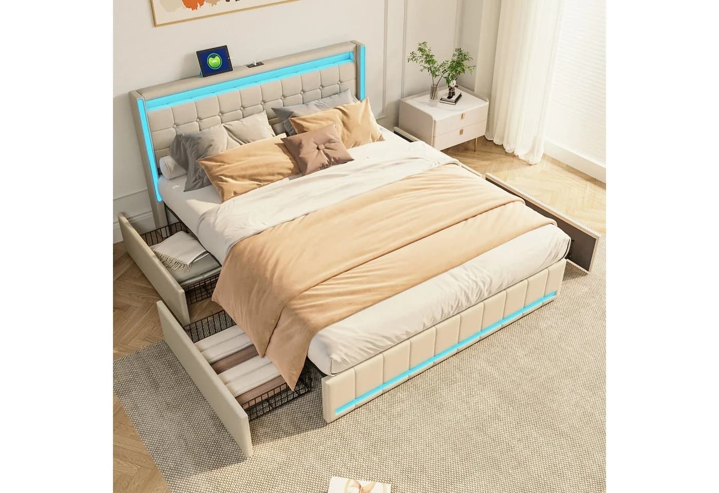 zebery Stauraumbett Polsterbett Beige mit LED & USB - Bild 5