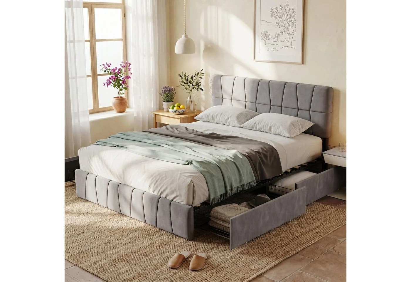 zebery Polsterbett 160x200 Grau Samt 4 Schubladen - Bild 2