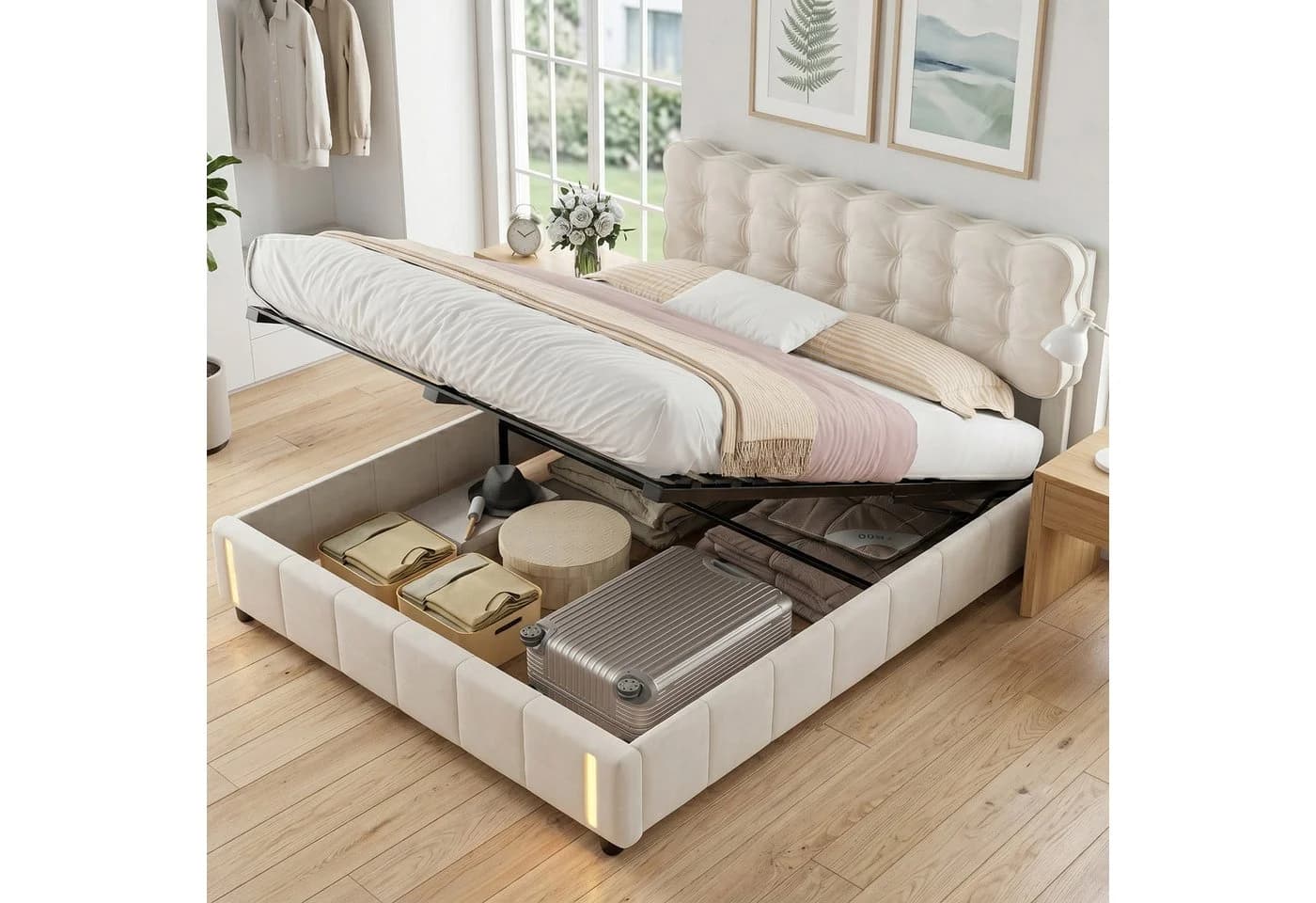 Yelenaro Polsterbett 160x200 cm Beige mit Bettkasten und LED-Sensorleuchte - Bild 2