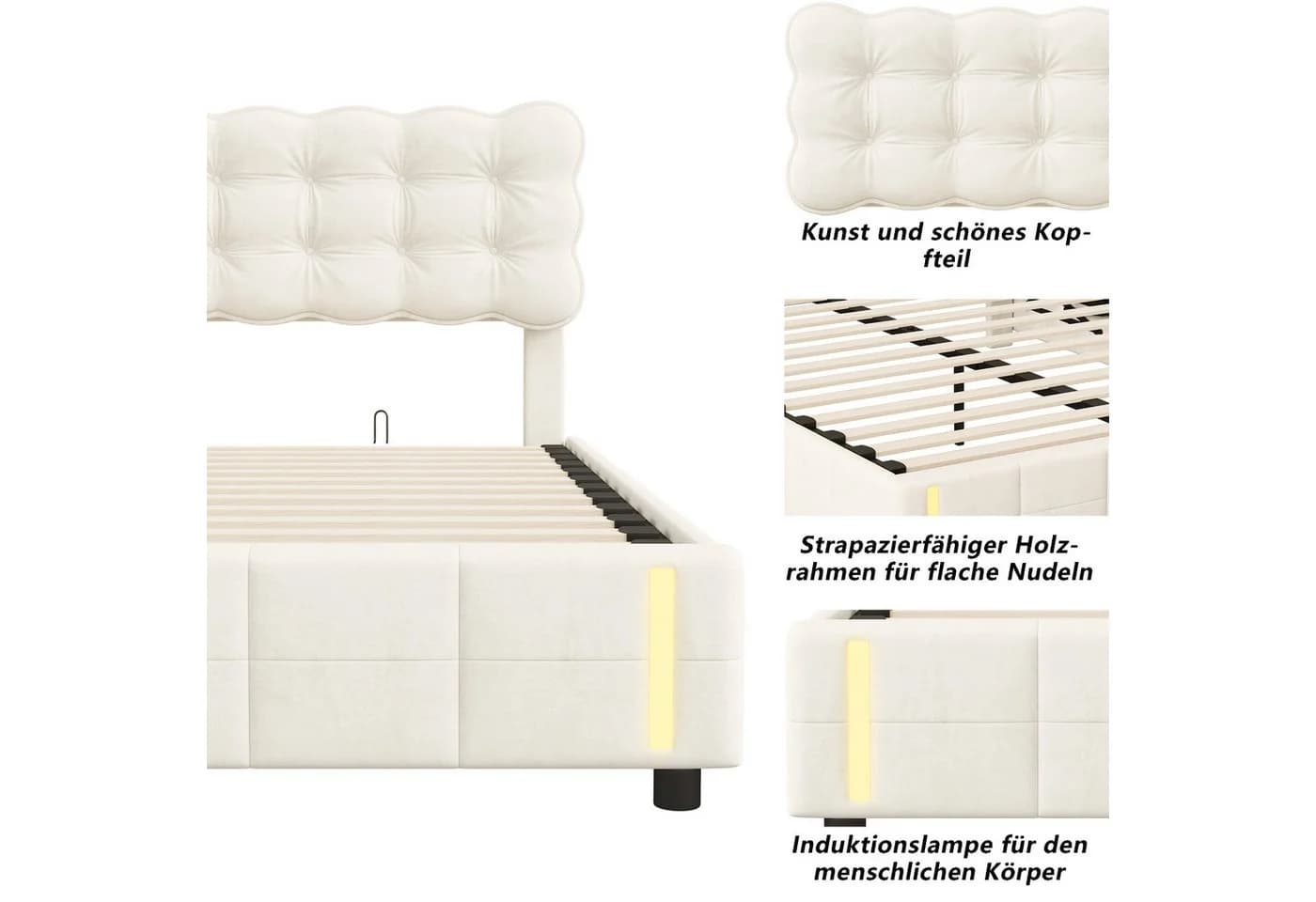 Yelenaro Polsterbett 160x200 cm Beige mit Bettkasten und LED-Sensorleuchte - Bild 4