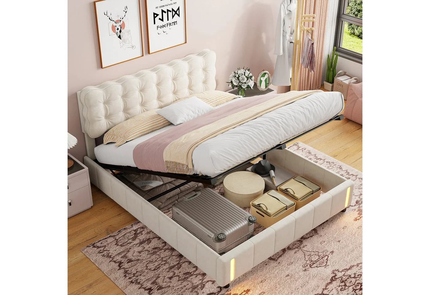 Yelenaro Polsterbett 160x200 cm Beige mit Bettkasten und LED-Sensorleuchte - Bild 5