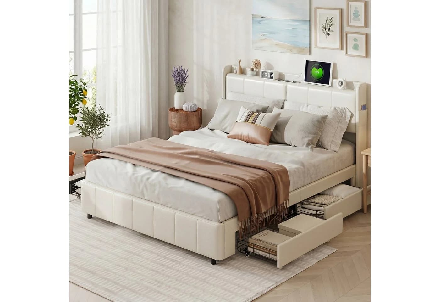 zebery Stauraumbett Polsterbett 160x200 cm Weiß mit USB und 4 Schubladen - Bild 2