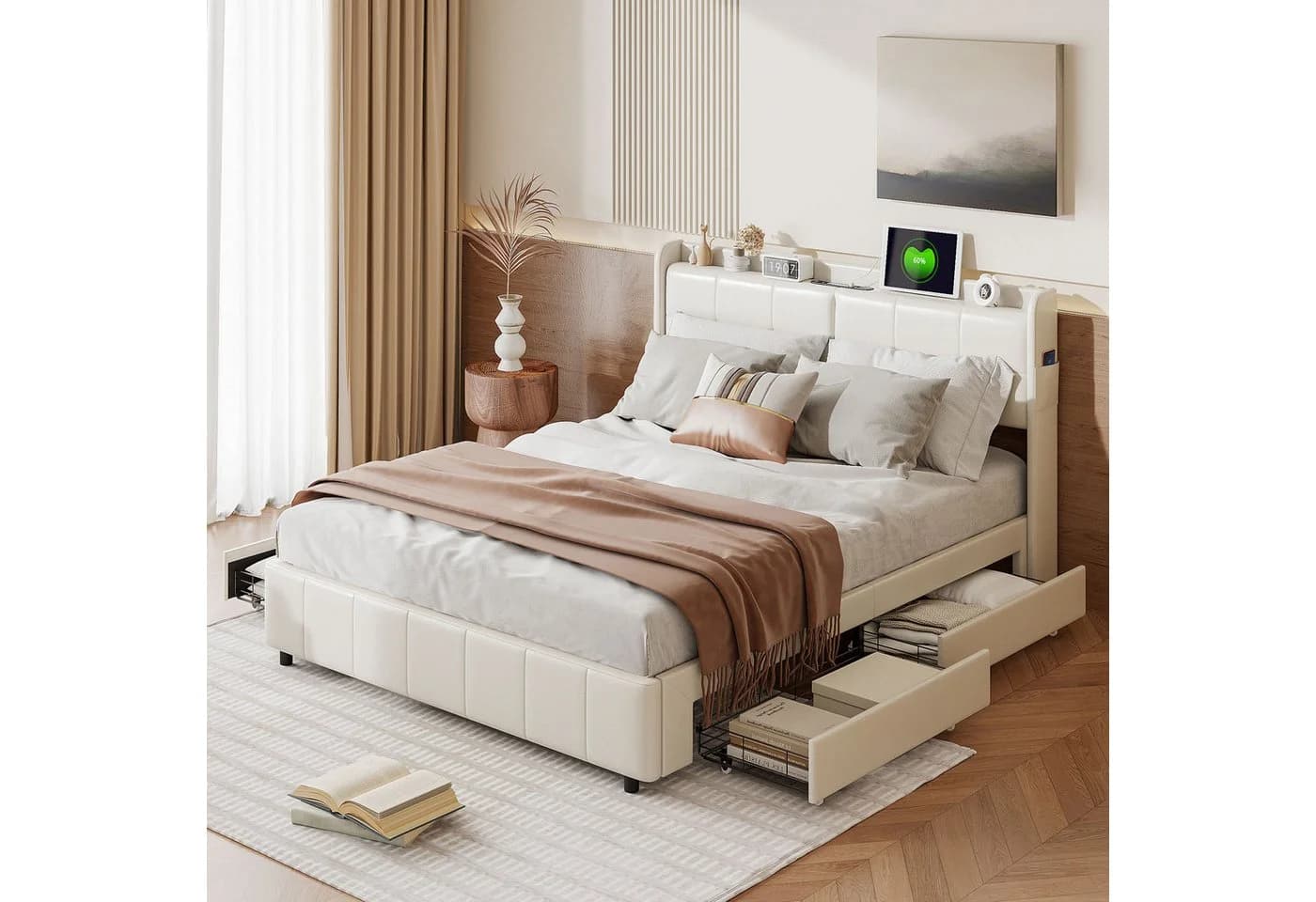 zebery Stauraumbett Polsterbett 160x200 cm Weiß mit USB und 4 Schubladen - Bild 5