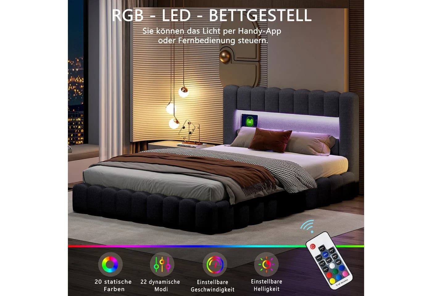 zebery Stauraumbett Polsterbett 180x200 cm Grau mit LED und USB