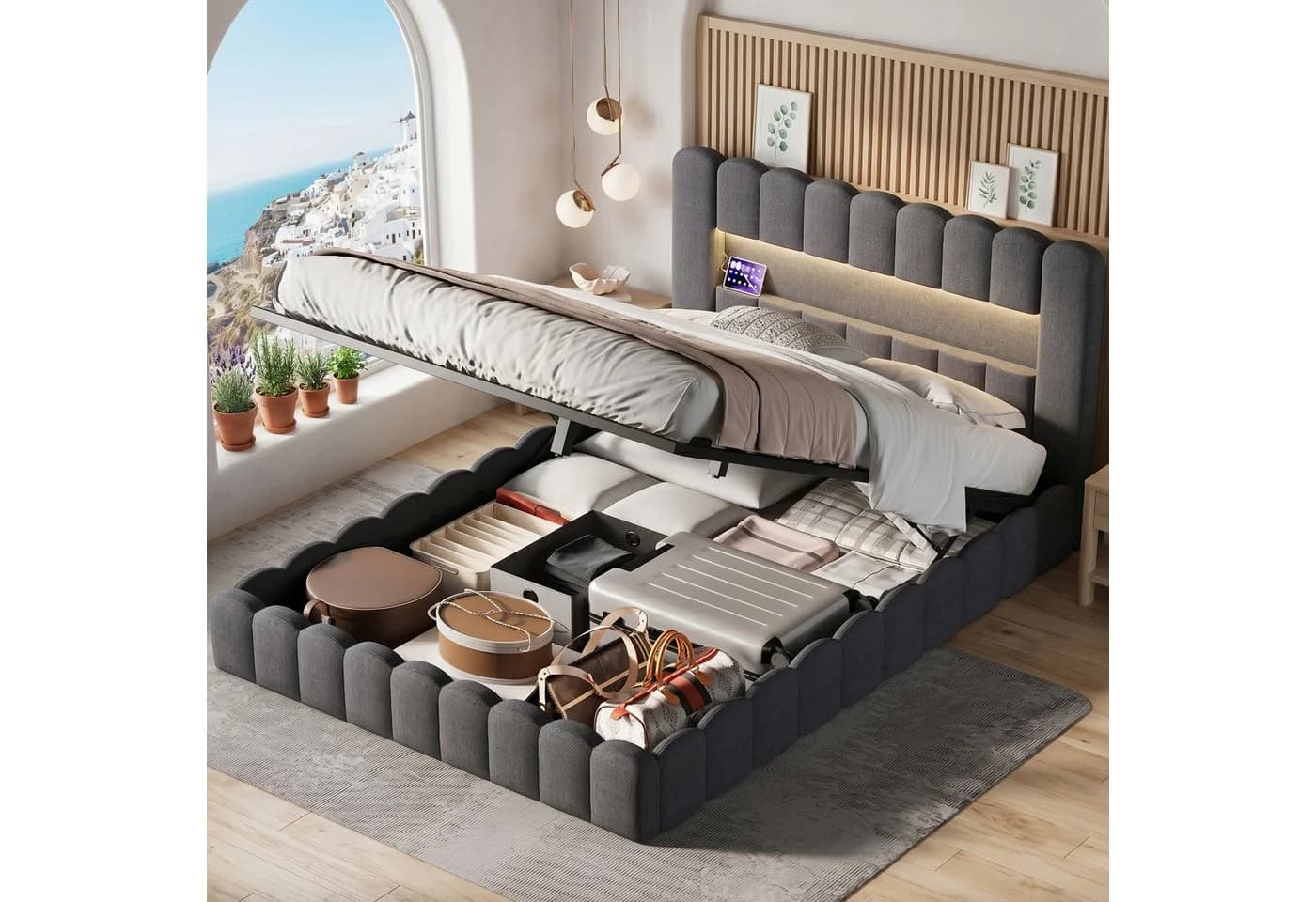 zebery Stauraumbett Polsterbett 180x200 cm Grau mit LED und USB - Bild 2