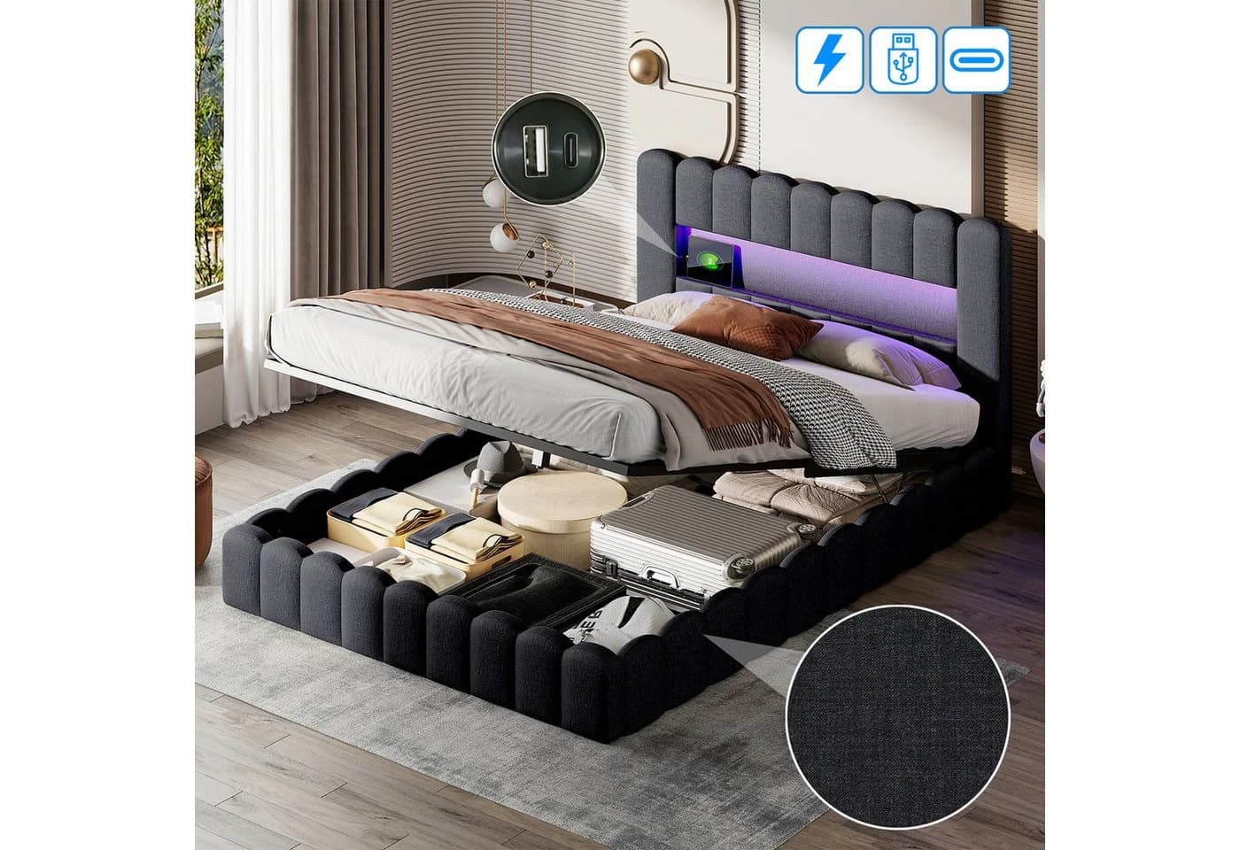 zebery Stauraumbett Polsterbett 180x200 cm Grau mit LED und USB - Bild 3