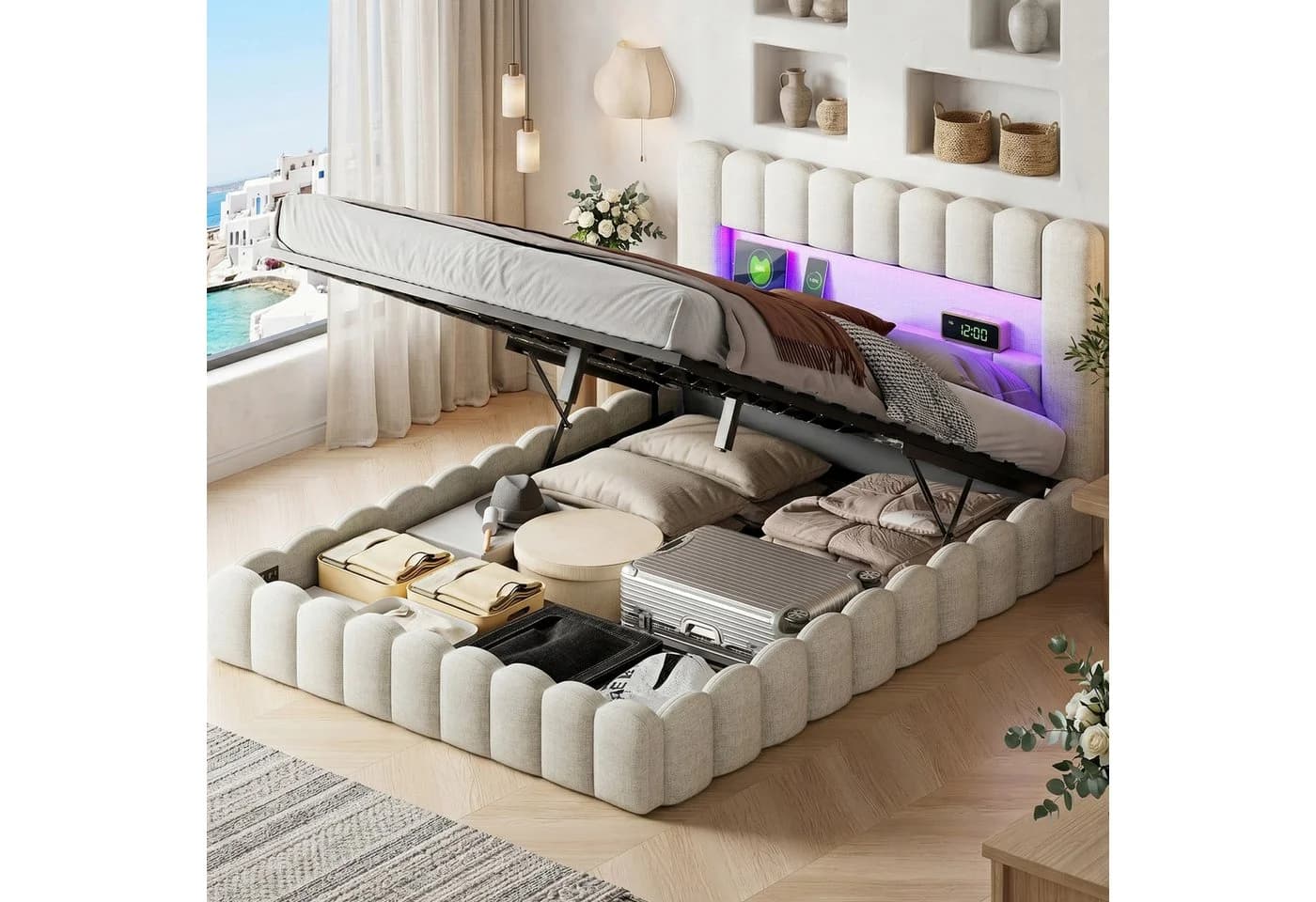 zebery Stauraumbett Polsterbett Beige mit LED & USB - Bild 2