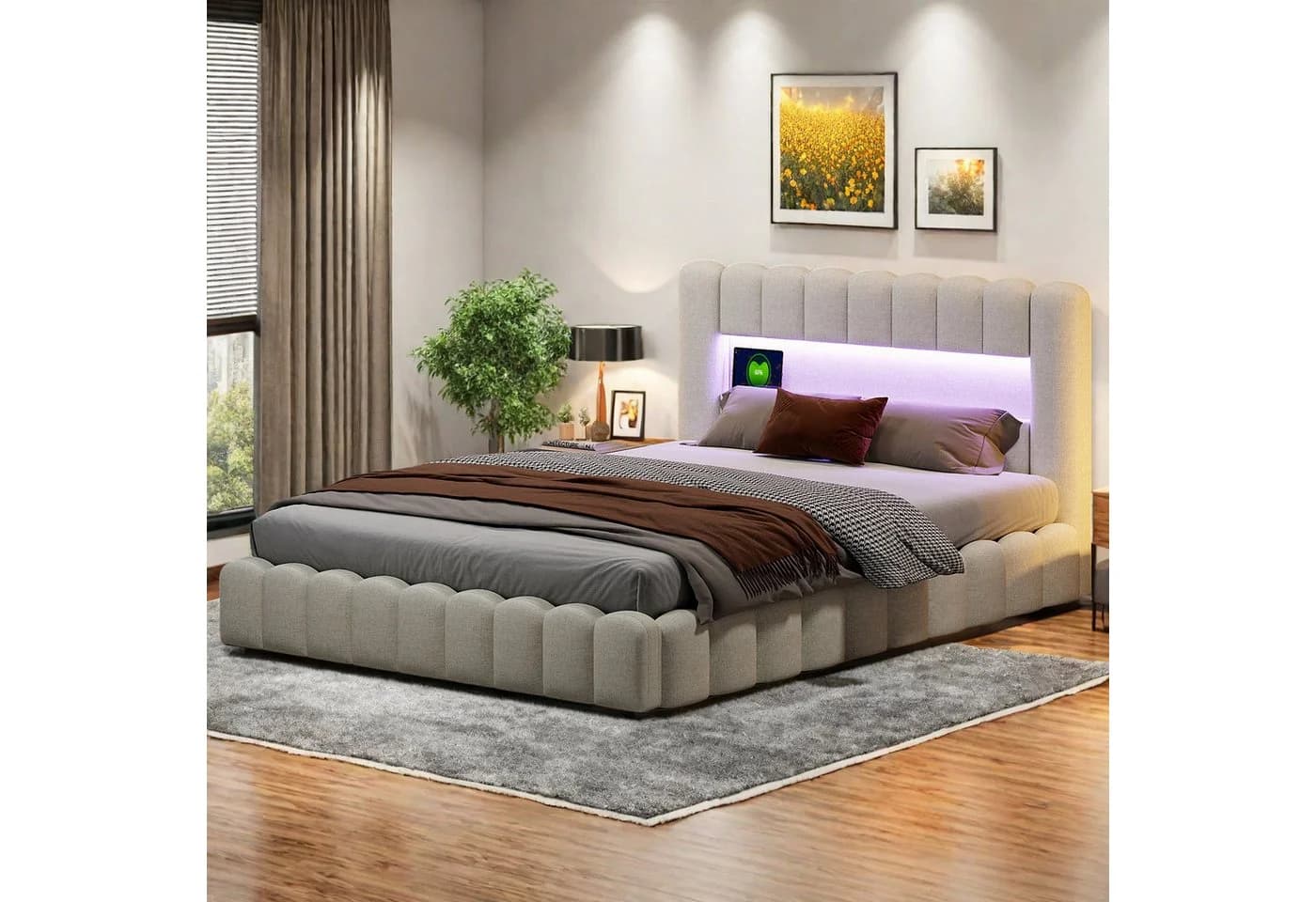 zebery Stauraumbett Polsterbett Beige mit LED & USB - Bild 4