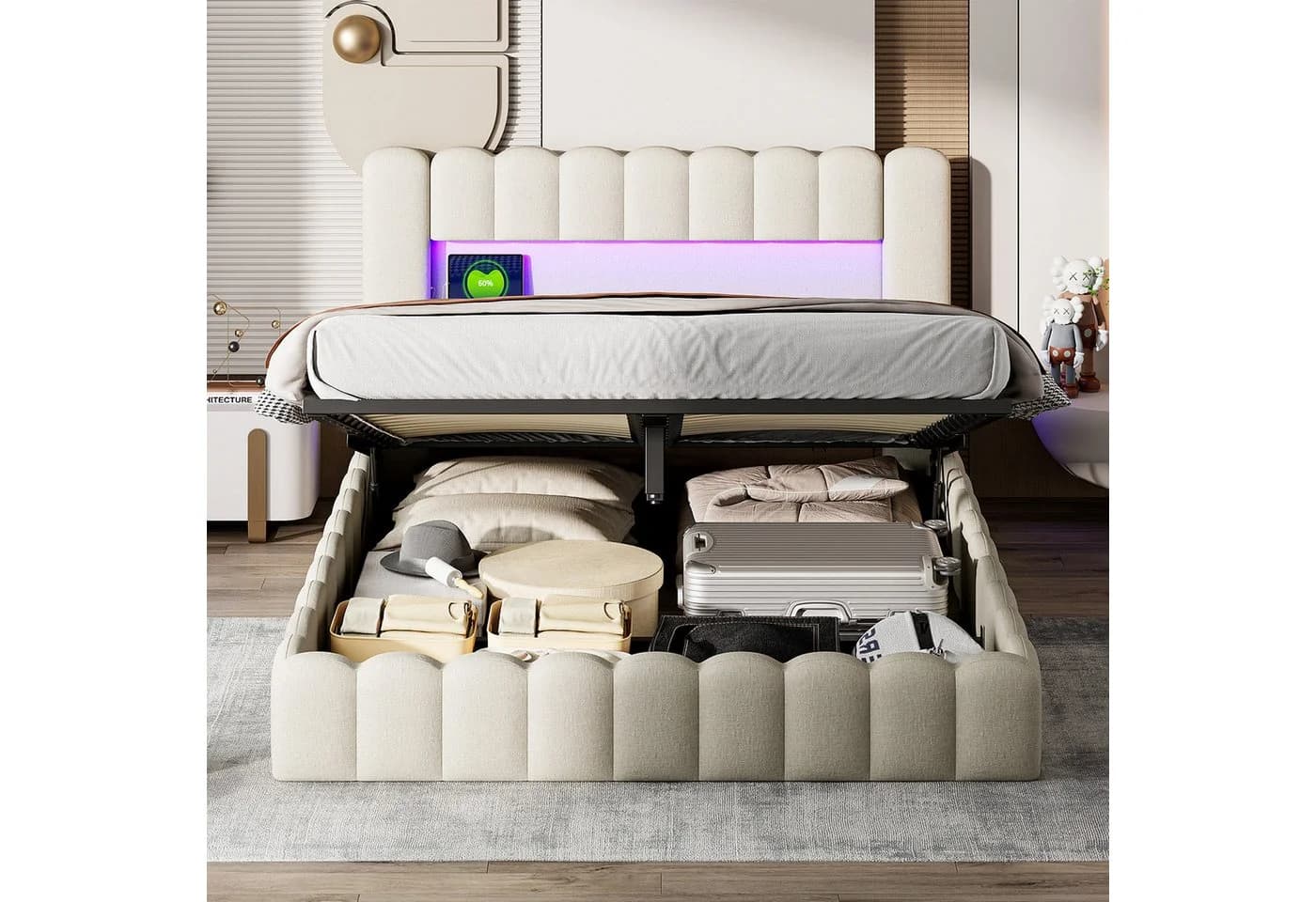 zebery Stauraumbett Polsterbett Beige mit LED & USB - Bild 5