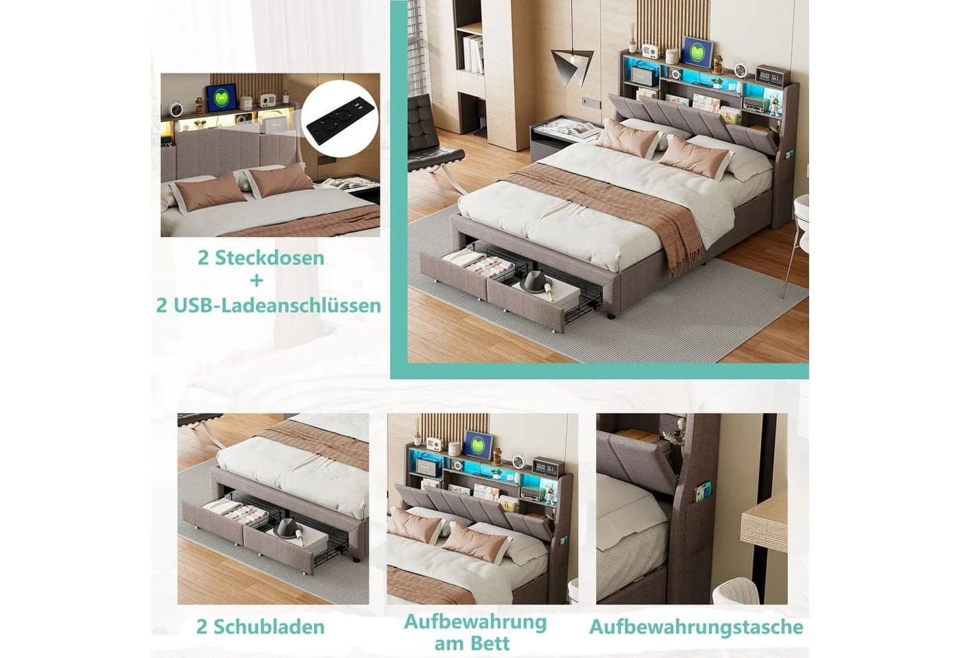 zebery Stauraumbett Polsterbett Grau mit LED und USB - Bild 3