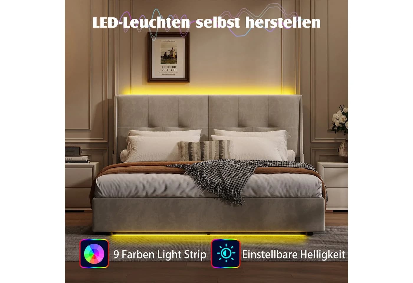 zebery Stauraumbett Polsterbett 160x200 cm Beige Samt mit LED-Beleuchtung