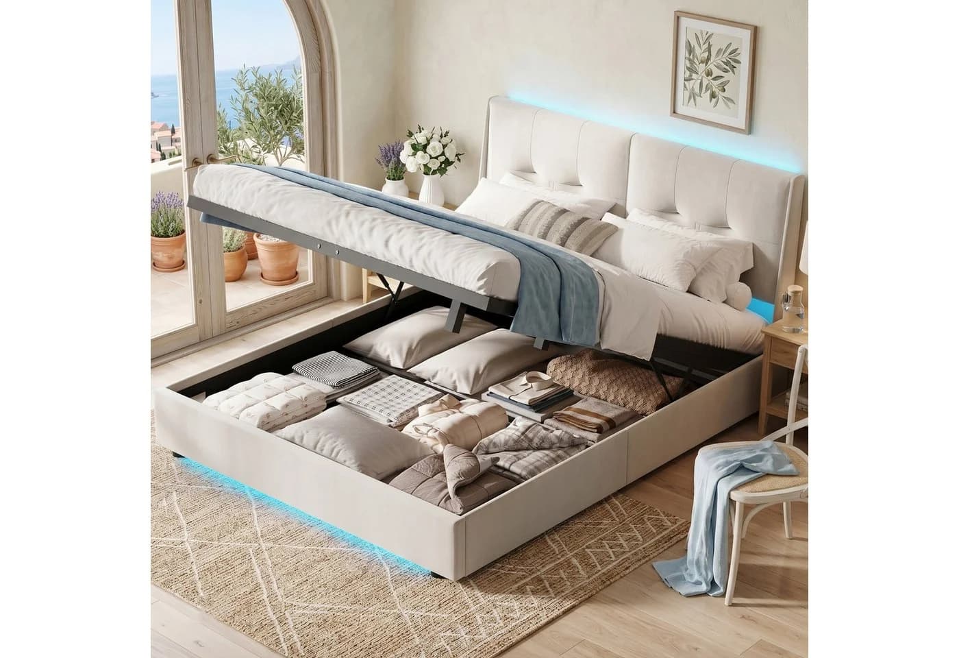 zebery Stauraumbett Polsterbett 160x200 cm Beige Samt mit LED-Beleuchtung - Bild 2