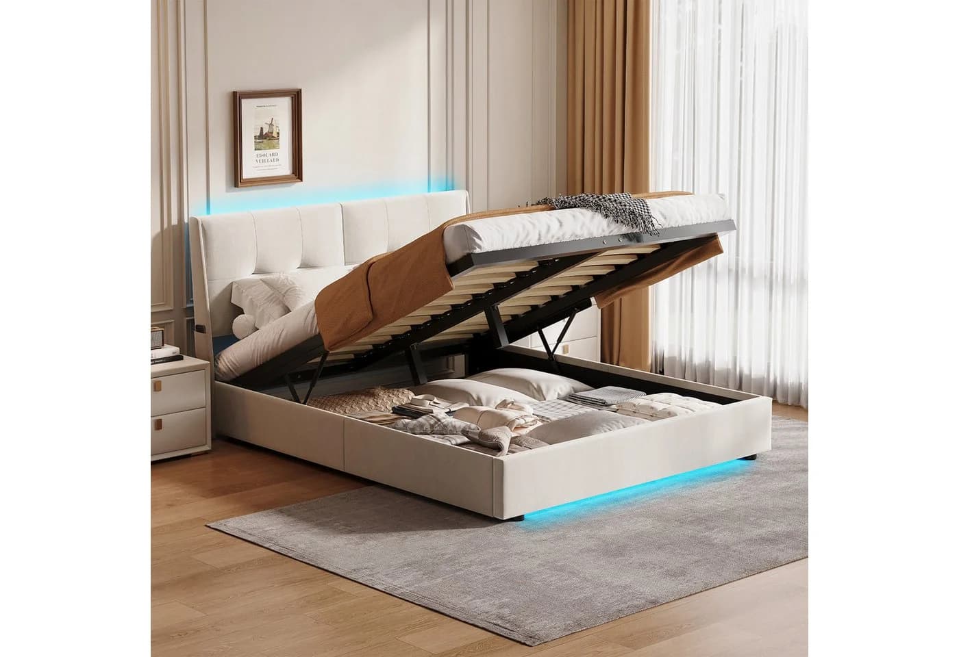 zebery Stauraumbett Polsterbett 160x200 cm Beige Samt mit LED-Beleuchtung - Bild 5