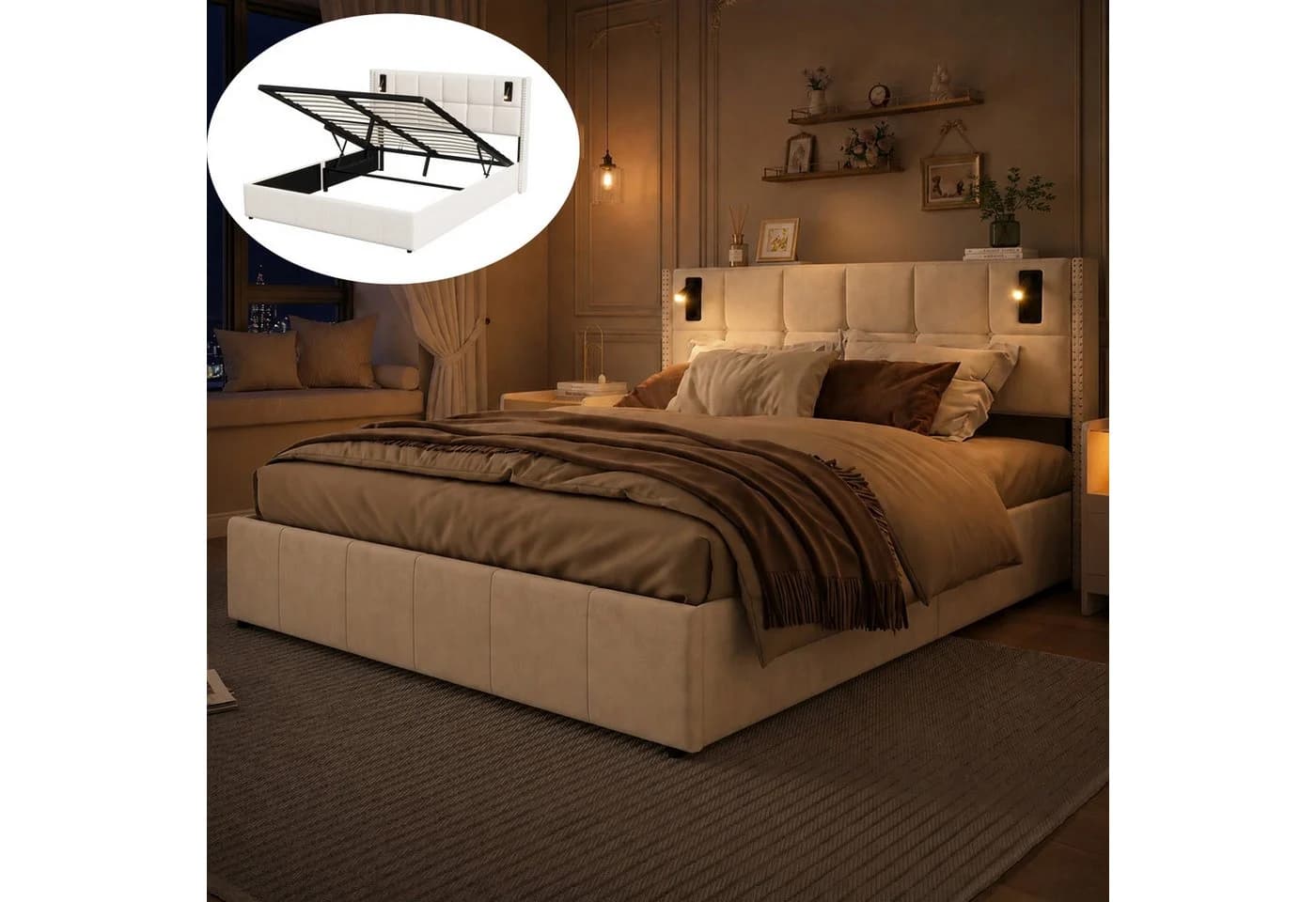 Yelenaro Stauraumbett Polsterbett Beige mit LED-Leseleuchte - Bild 2