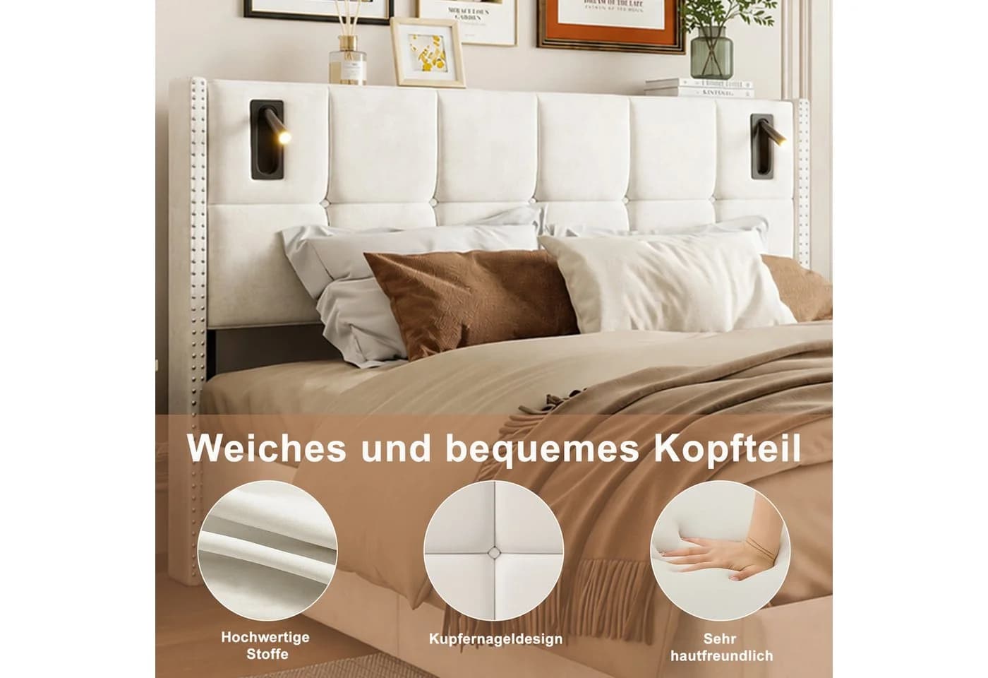 Yelenaro Stauraumbett Polsterbett Beige mit LED-Leseleuchte - Bild 3