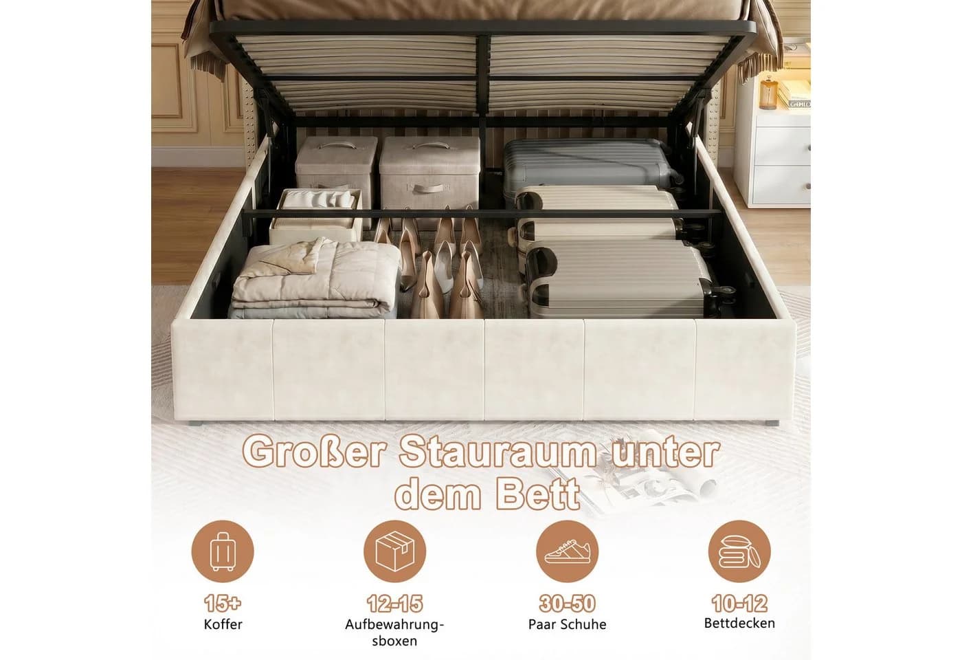 Yelenaro Stauraumbett Polsterbett Beige mit LED-Leseleuchte - Bild 4