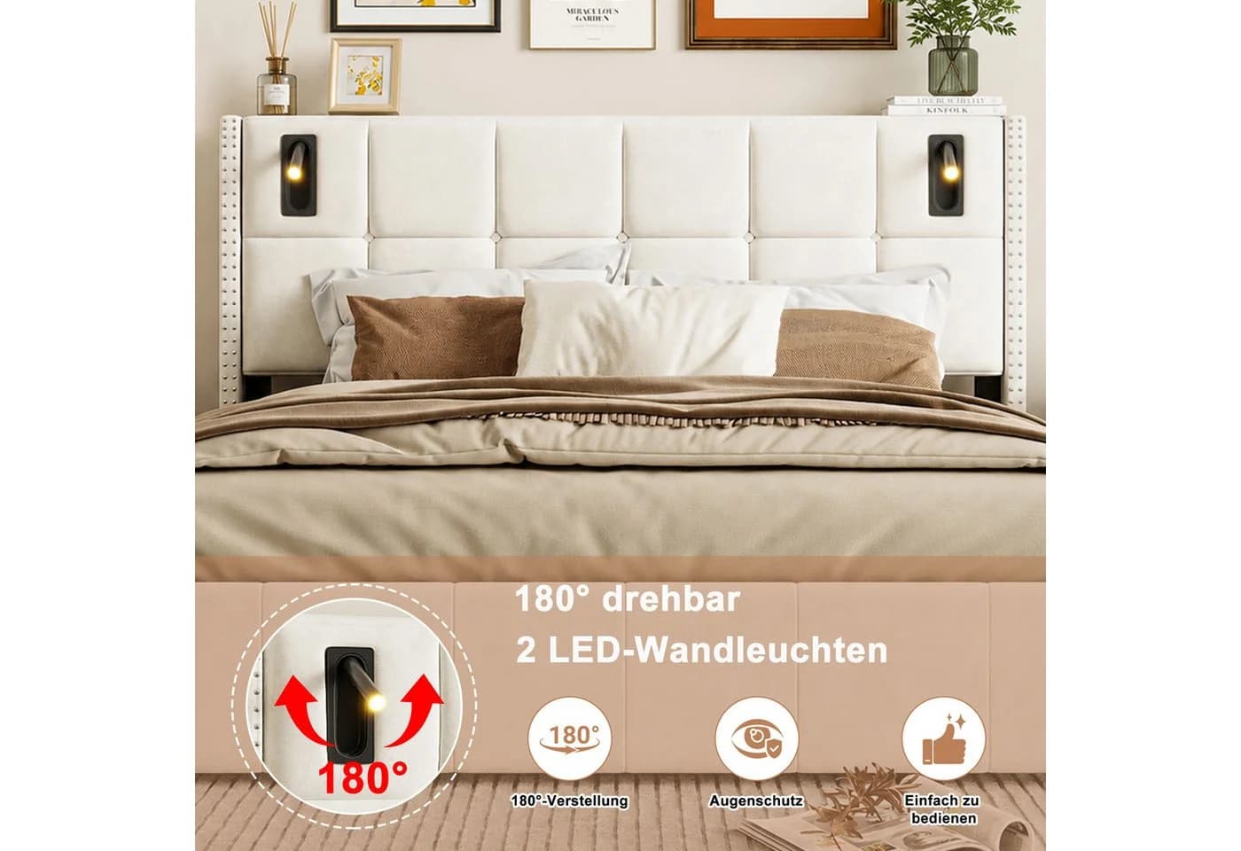 Yelenaro Stauraumbett Polsterbett Beige mit LED-Leseleuchte - Bild 5