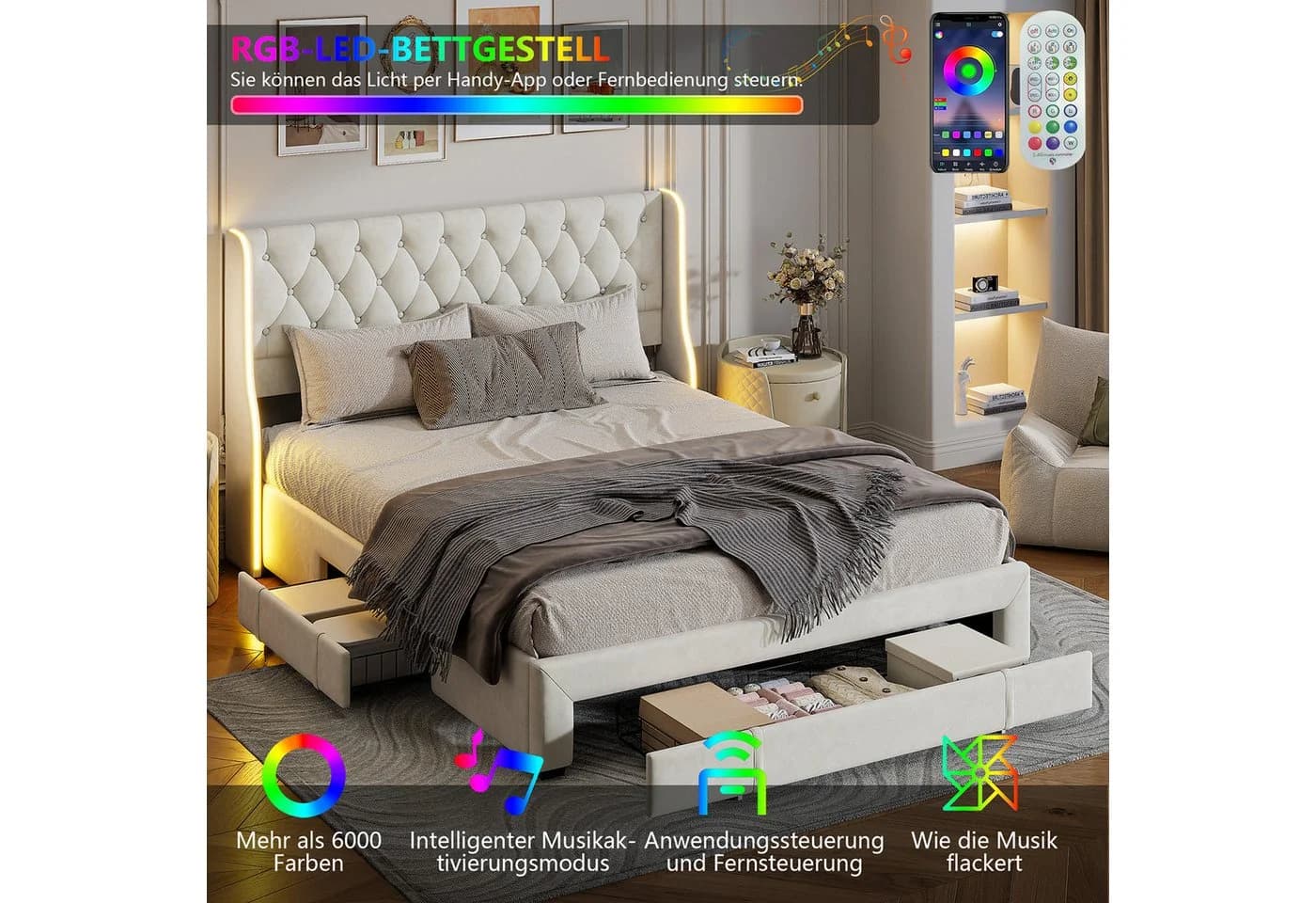 zebery Stauraumbett Polsterbett 160x200 cm Beige Samt mit LED & Schubladen