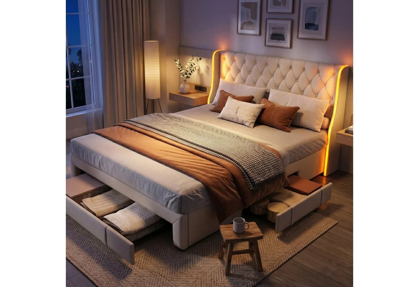 zebery Stauraumbett Polsterbett 160x200 cm Beige Samt mit LED & Schubladen - Bild 2