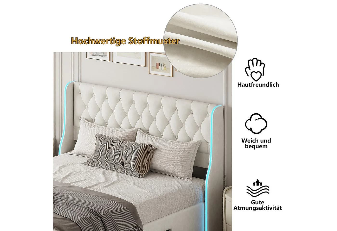 zebery Stauraumbett Polsterbett 160x200 cm Beige Samt mit LED & Schubladen - Bild 3