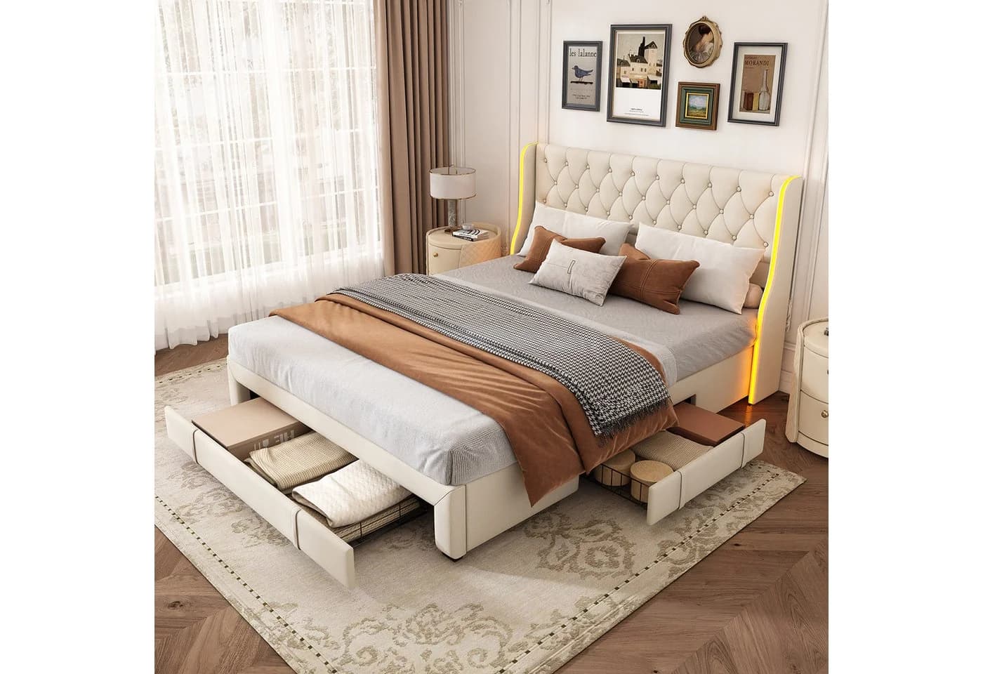 zebery Stauraumbett Polsterbett 160x200 cm Beige Samt mit LED & Schubladen - Bild 4