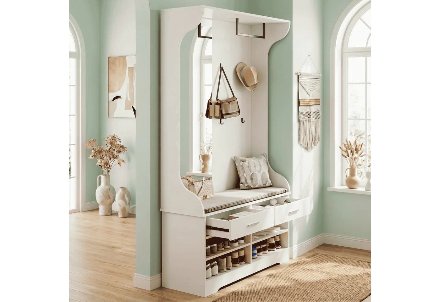 Simurq Flurgarderobe mit Spiegel, Schuhbank und Schubladen Weiß - Bild 2