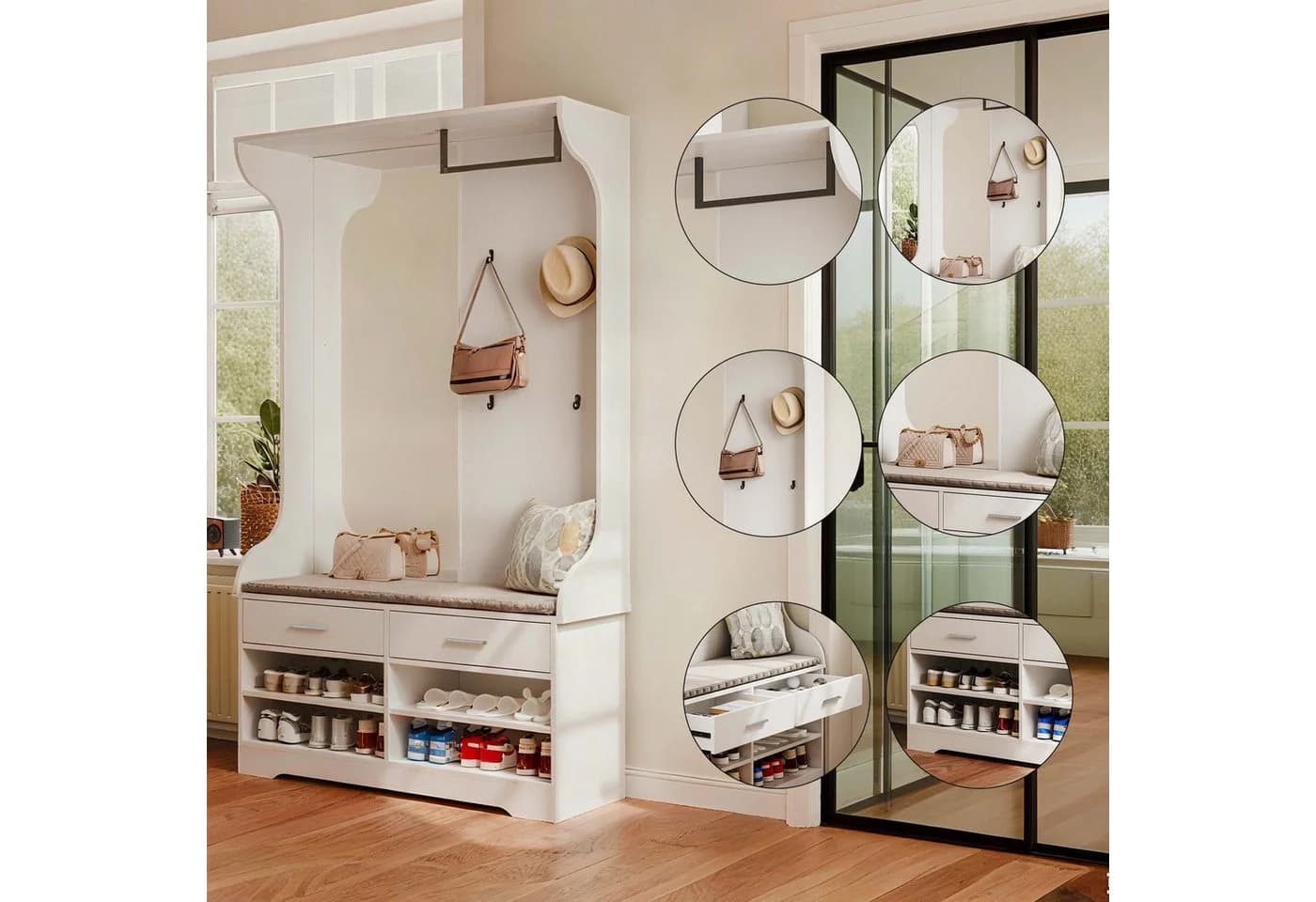 Simurq Flurgarderobe mit Spiegel, Schuhbank und Schubladen Weiß - Bild 4