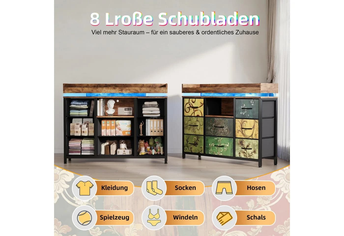 Simurq Kommode Schwarz mit 8 Schubladen, LED-Licht & USB-Anschlüssen