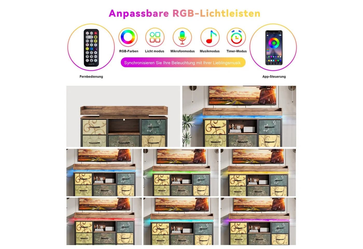 Simurq Kommode Schwarz mit 8 Schubladen, LED-Licht & USB-Anschlüssen - Bild 3