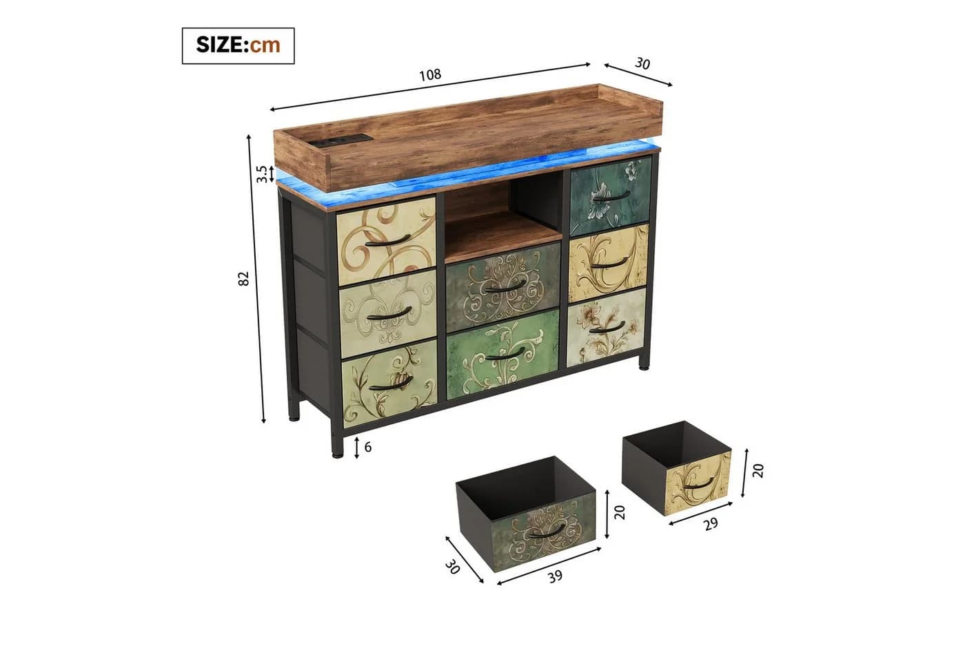Simurq Kommode Schwarz mit 8 Schubladen, LED-Licht & USB-Anschlüssen - Bild 5