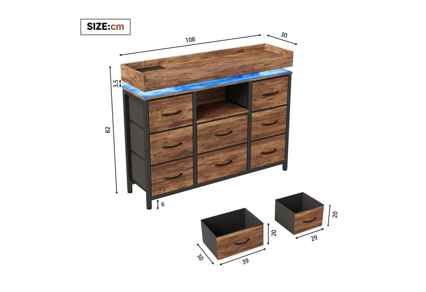 Simurq Kommode Schwarz mit 8 Schubladen, LED-Licht und USB-Anschlüssen - Bild 3