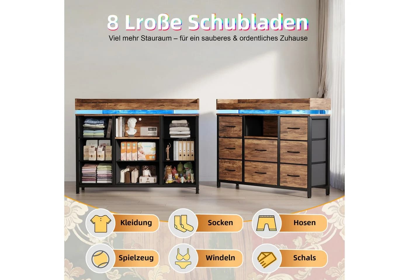 Simurq Kommode Schwarz mit 8 Schubladen, LED-Licht und USB-Anschlüssen - Bild 4