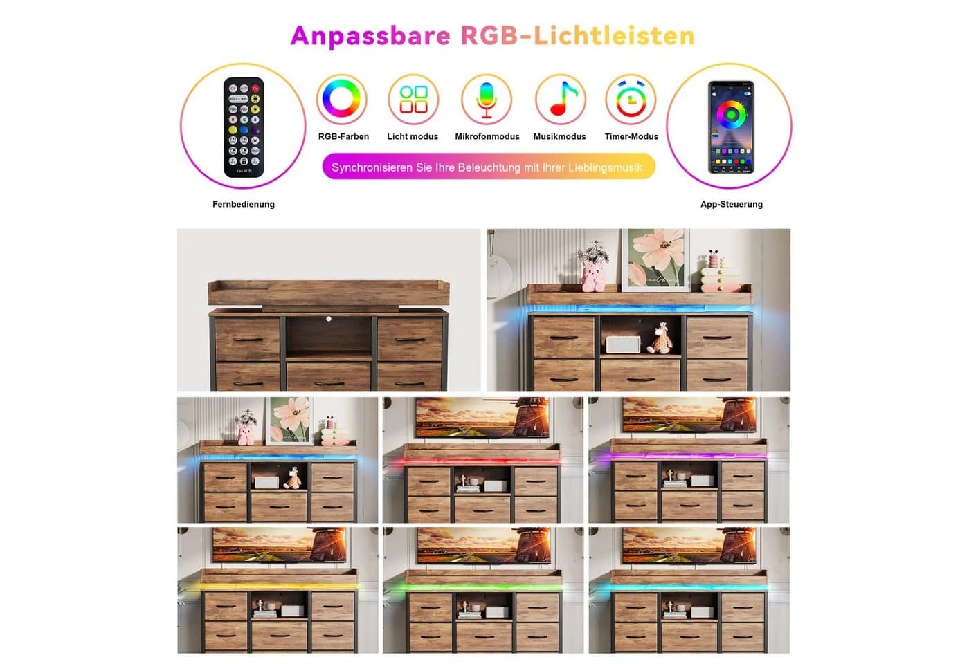 Simurq Kommode Schwarz mit 8 Schubladen, LED-Licht und USB-Anschlüssen - Bild 5