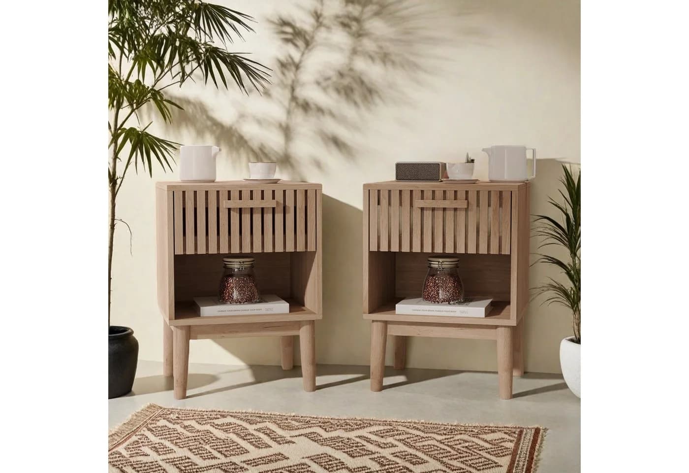 Simurq Nachttisch 2er Set Naturholz mit Schubladen - Bild 2