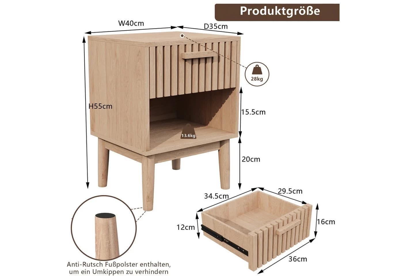 Simurq Nachttisch 2er Set Naturholz mit Schubladen - Bild 5