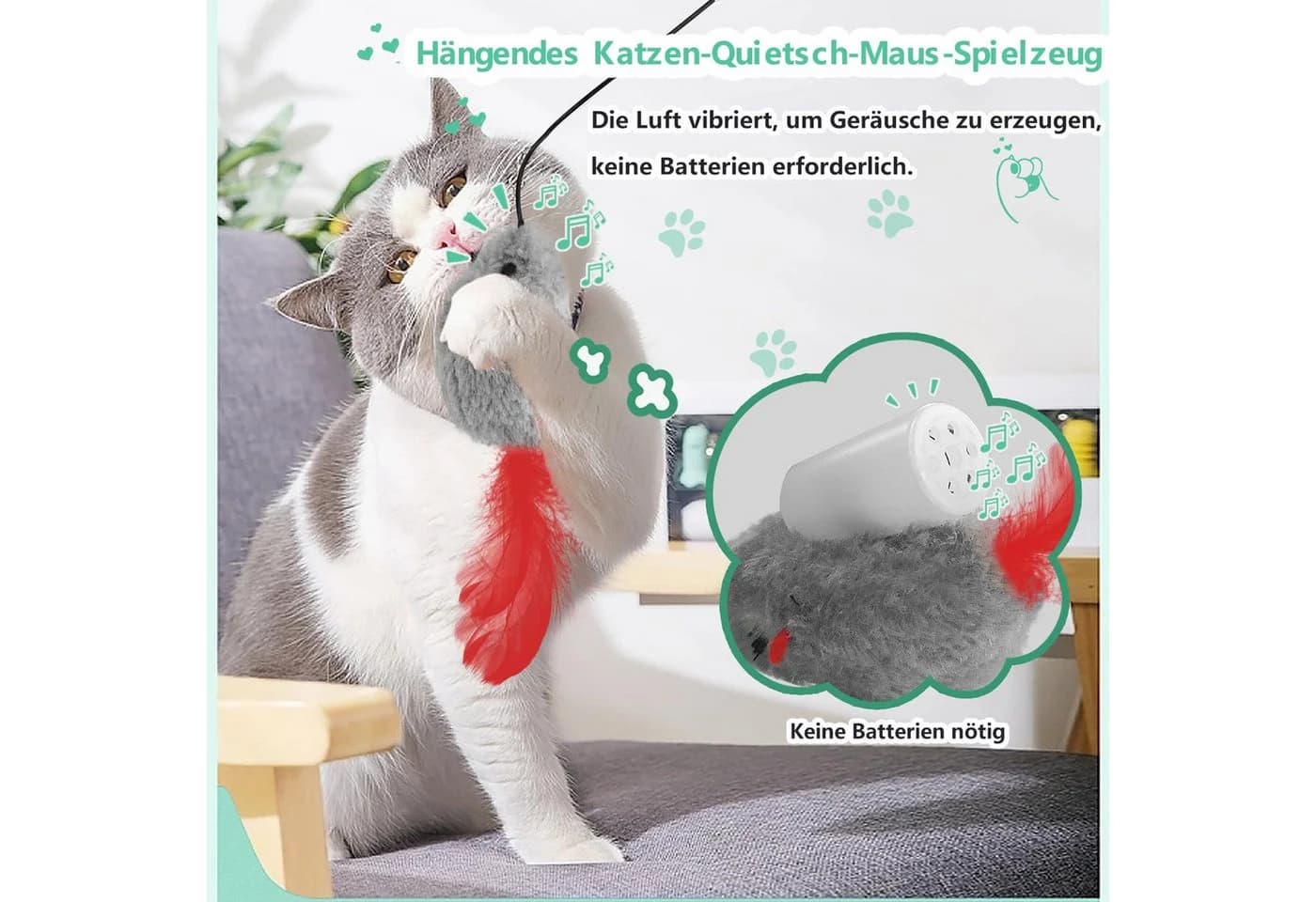 FOUORTUNATE-BEE Katzenspielzeug Maus mit Federschwanz & Quietscher