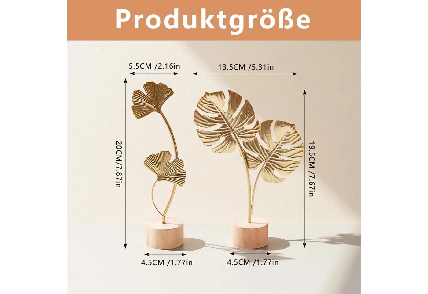 FOUORTUNATE-BEE Dekofigur 2 Stück Ginkgoblatt Monstera Statue Gold
