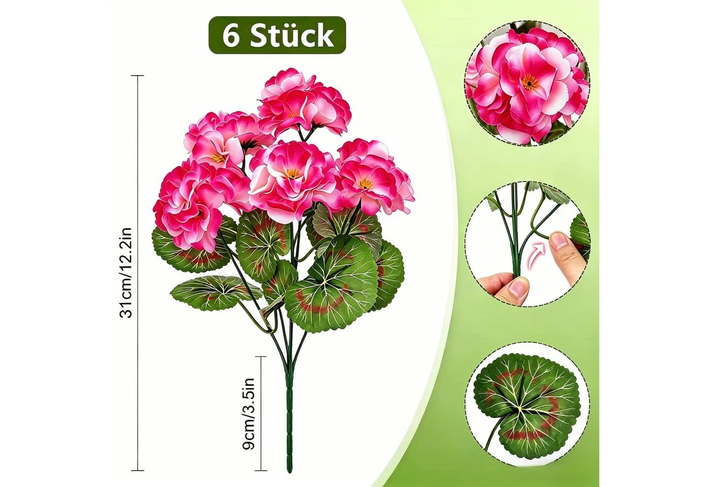 FOUORTUNATE-BEE Kunstblumen Geranien 6 Stück Rosa/Rot Wetterfest - Bild 4