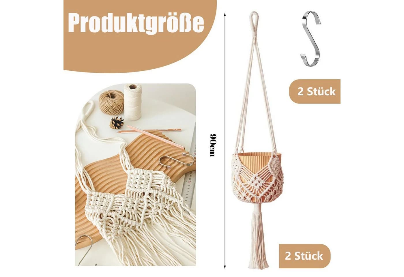 FOUORTUNATE-BEE Blumenampel 2er Set Beige Makramee Hängeampel