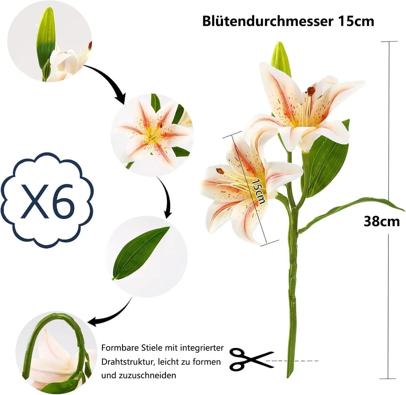 FOUORTUNATE-BEE Kunstblumen Lilien Weiß 6er Set - Bild 5