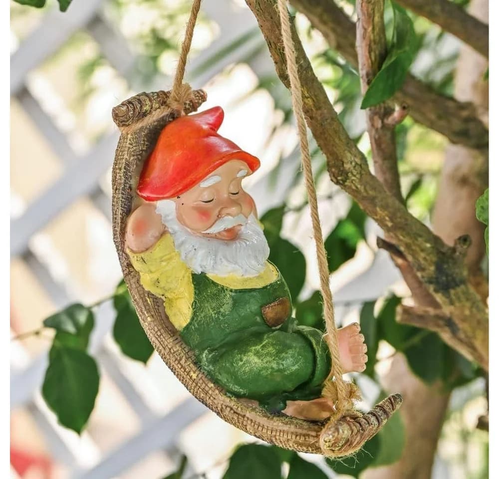 FOUORTUNATE-BEE Gartenzwerg Liegender Zwerg in Hängematte aus Kunstharz