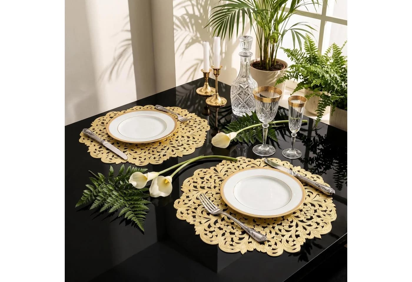 FOUORTUNATE-BEE Platzset 6er Set Goldene Runde Tischsets mit Blumenmuster - Bild 3