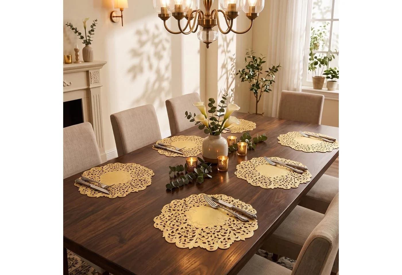 FOUORTUNATE-BEE Platzset 6er Set Goldene Runde Tischsets mit Blumenmuster - Bild 5